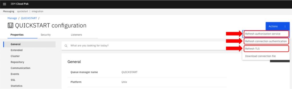 MQ dashboard showing how to Refresh the Queue Manager's authentication parameters.