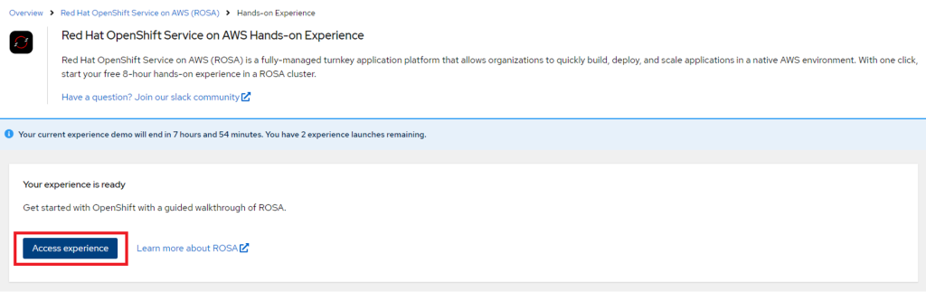Red Hat web UI showing the button that says 'Access Experience'.