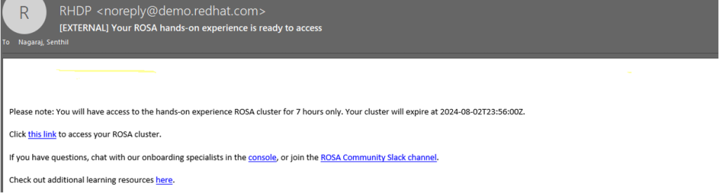 E-mail showing the hyperlink labeled 'click this link' which takes you to the ROSA trial page.