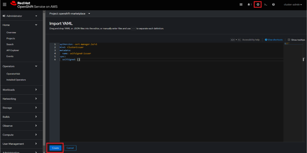 OpenShift admin console showing the creation of a cluster issuer for testing purposes.