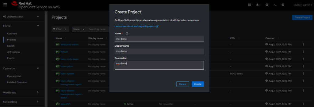 Creating a new OpenShift project called mq-demo from the OpenShift admin console.