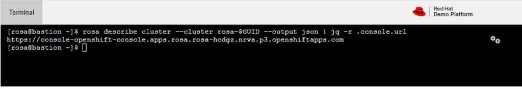 Web UI showing the ROSA console URL obtained with the command.