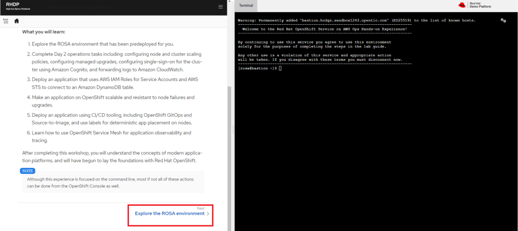 Web UI showing the 'Explore the ROSA environment' button that takes you to the instructions to access the ROSA cluster.