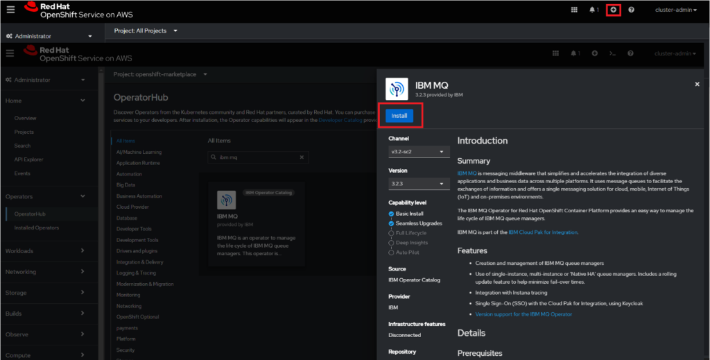 OpenShift web console showing the installation of the IBM MQ operator via the OperatorHub.