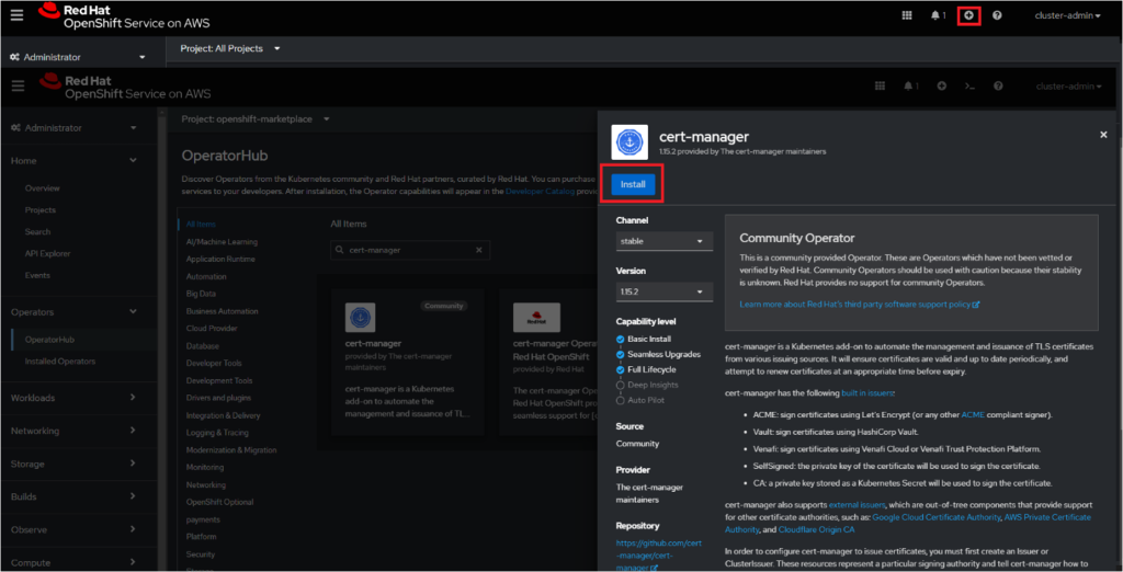 OpenShift admin console showing the installation of the cert manager via the OperatorHub.