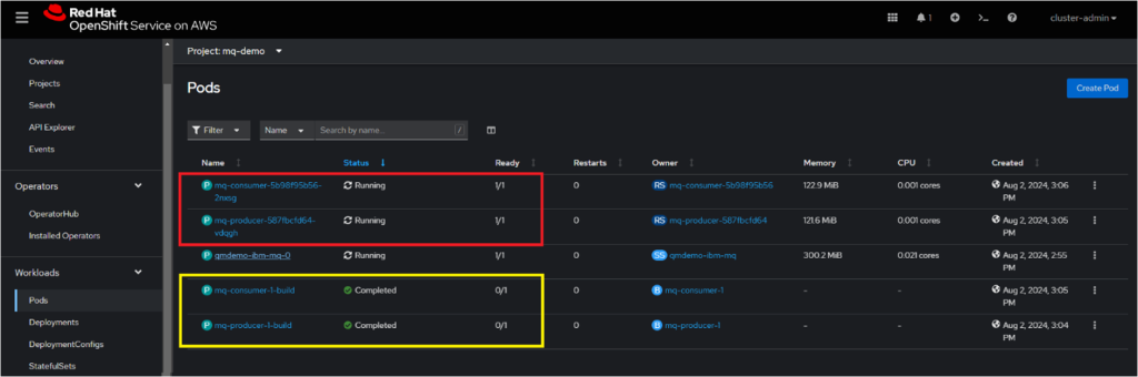 OpenShift console showing the producer and consumer application pods.