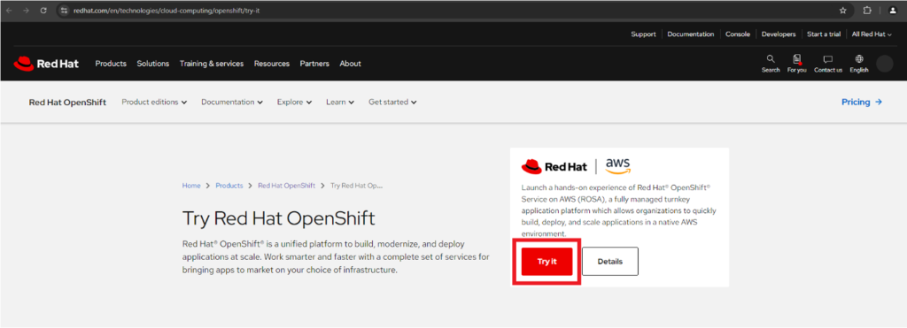 Red Hat website with the option to sign-up for a ROSA trial on AWS.