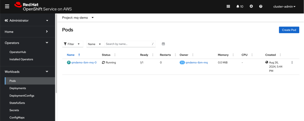 Validating that the IBM MQ pod is showing status equals to Running via the ROSA admin console.