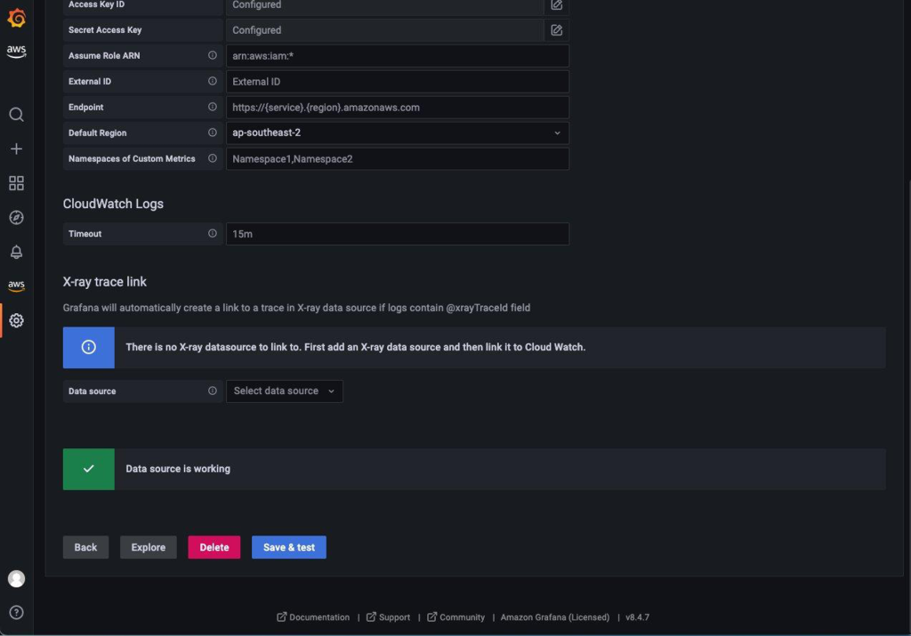 Screenshot showing how to configure the Grafana CloudWatch data source.