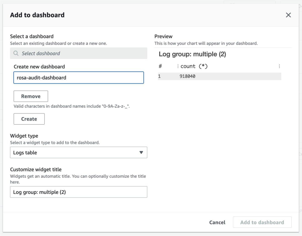 Screenshot of the AWS console showing how to create a new CloudWatch dashboard from Log Insights.