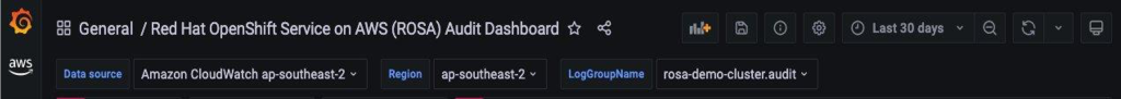 Screenshot showing how to filter the audit dashboard per region and log group.