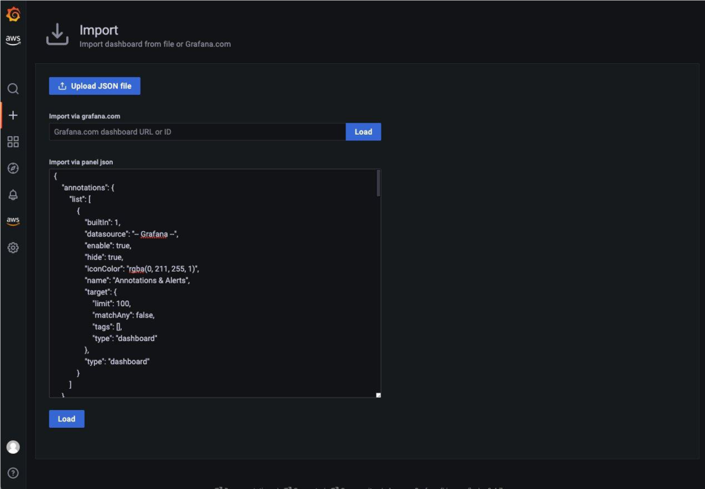 Screenshot showing how to import a Grafana dashboard from a JSON file