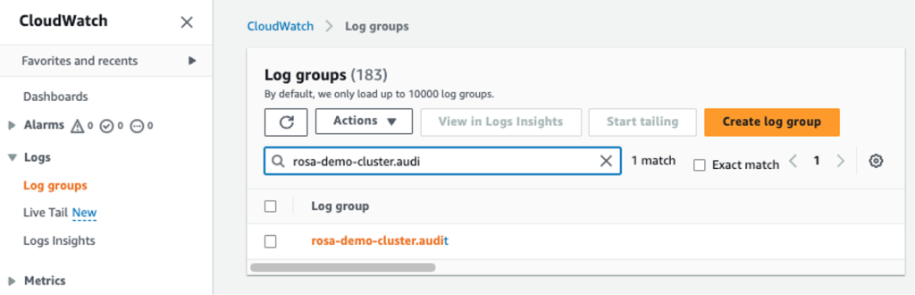 Screenshot of the AWS console showing ROSA audit logs stored in an Amazon CloudWatch log group.