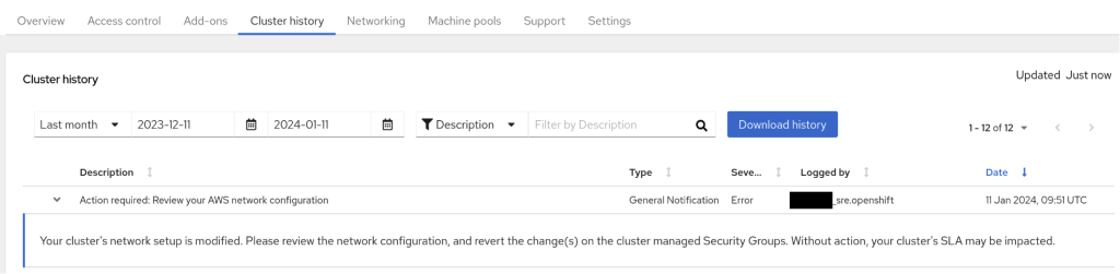 Screenshot showing the cluster history event in the ROSA Hybrid Cloud console.