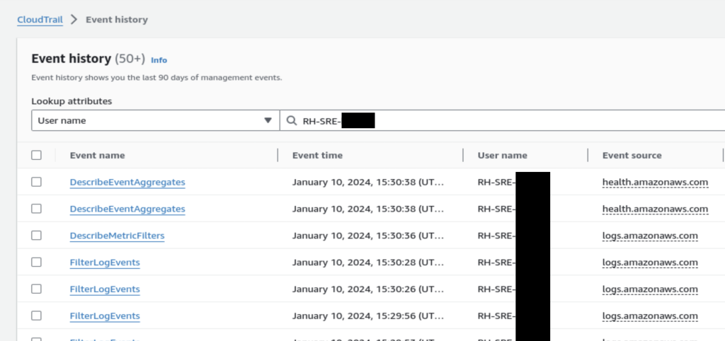 Screenshot of the AWS console showing AWS CloudTrail event history showing ROSA SRE actions.