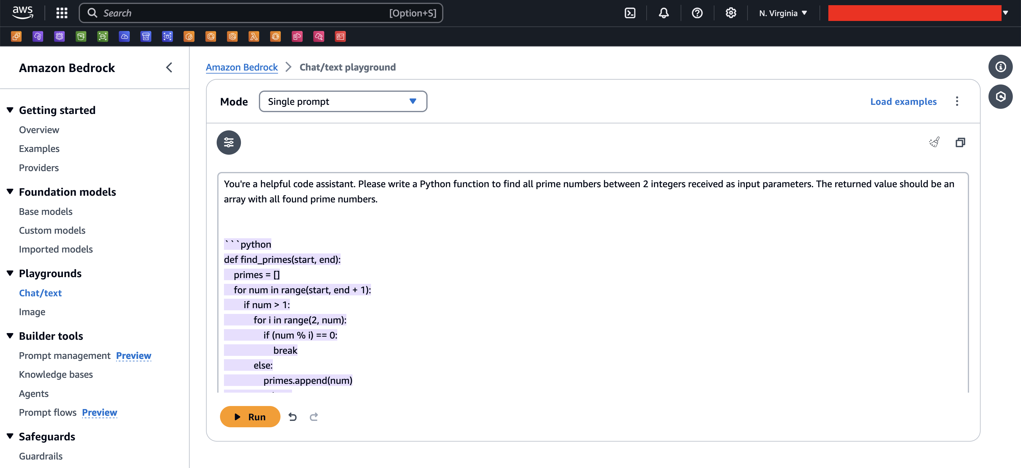 Screenshot shows IBM Granite Code model being tested on Amazon Bedrock Playground.