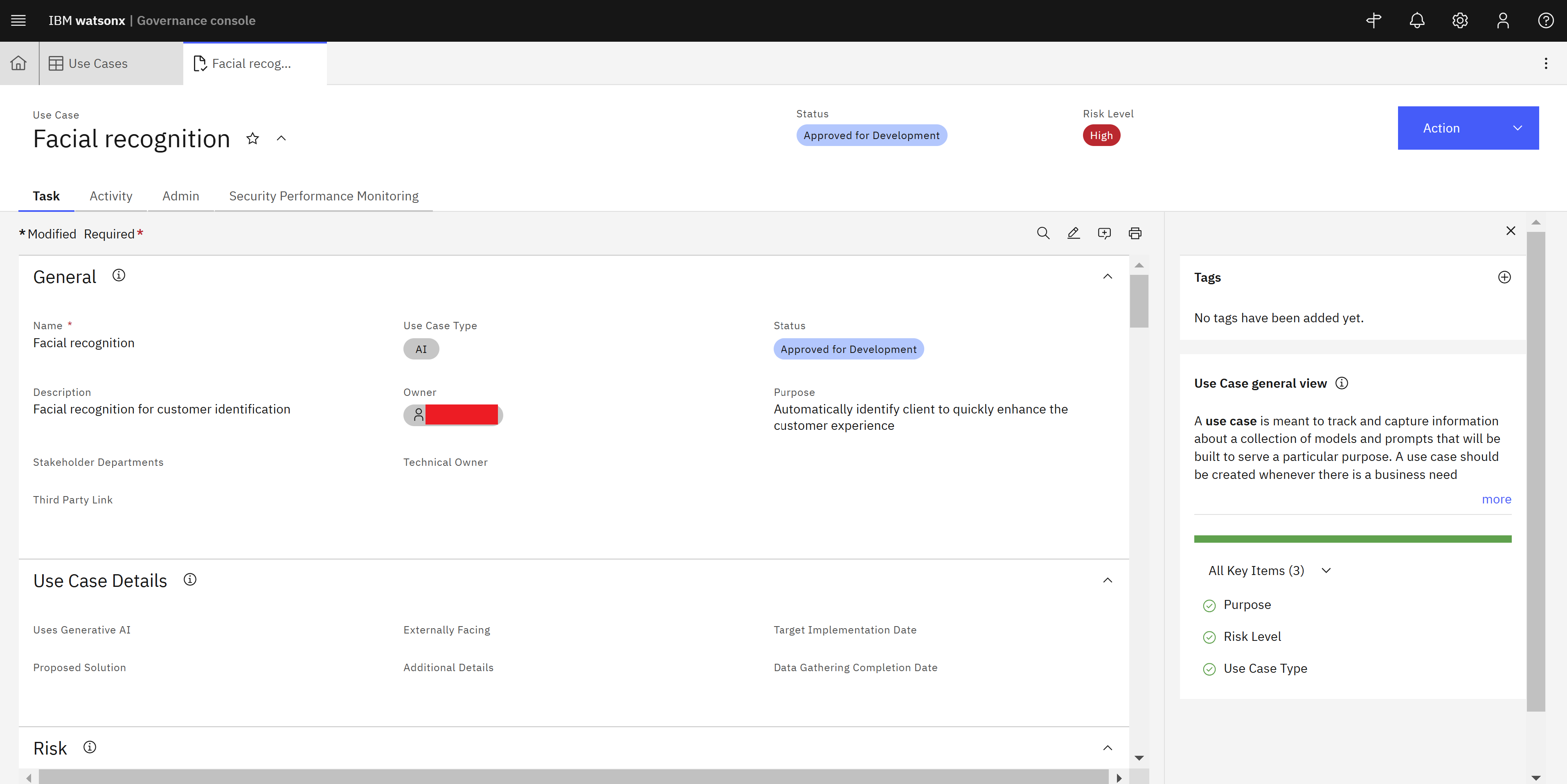 The image is a screenshot of the IBM watsonx.governance console showing the creation of a new AI/ML Use-case.