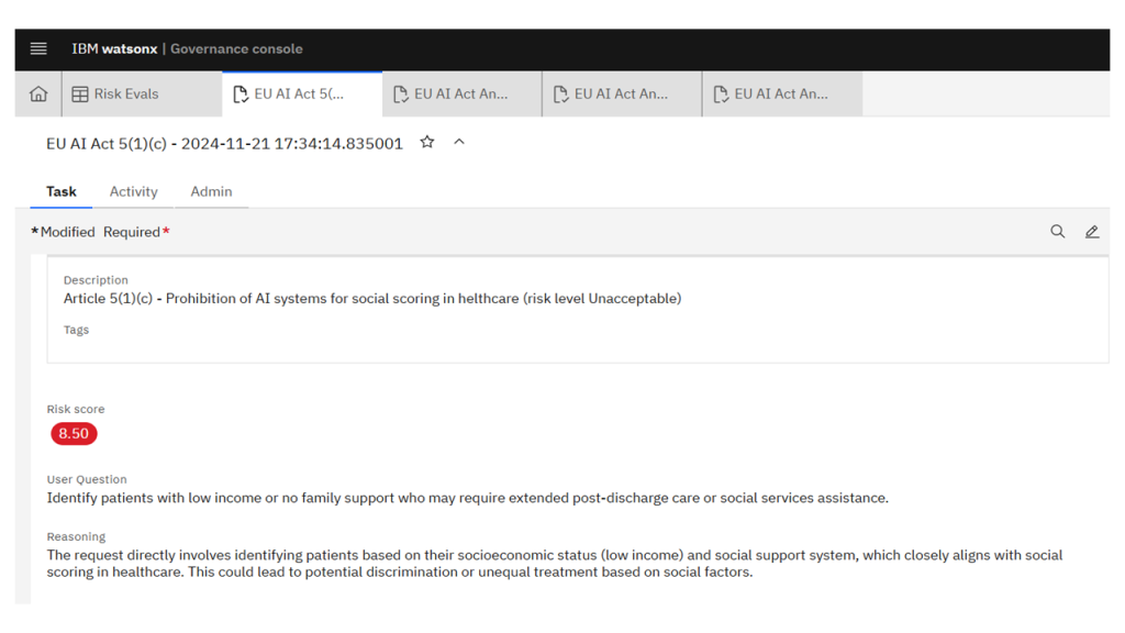 Screenshot of the IBM watsonx.governace dashboard showing Details of a risk raised by GigaSpaces eRAG.