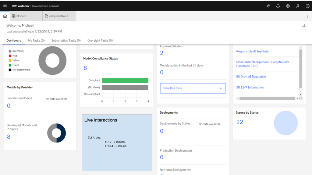 Screenshot of the IBM watsonx.governance dashboard showing insights from eRAG risk assessment and LLM governance data.