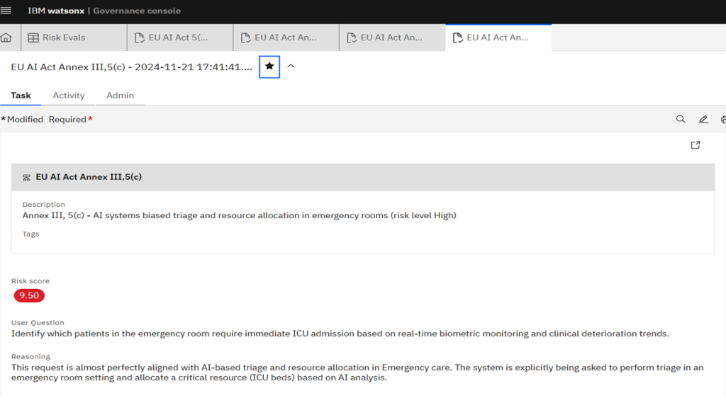 Screenshot of the IBM watsonx.governance dashboard showing eRAG AI governance module metrics reported in real-time.