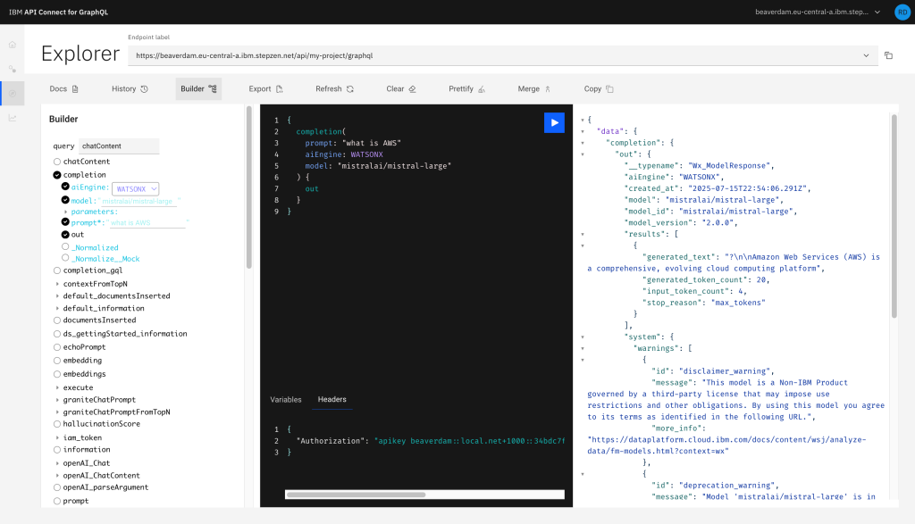 Web interface of IBM API Connect for GraphQL showing how to create APIs and MCP Servers for your data sources.