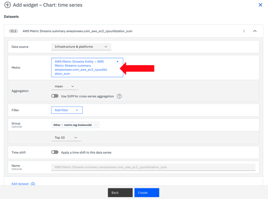 Screenshot of the IBM Instana console showing the ‘Add widget – Chart: time series’ configuration window. The data source is set to AWS Metric Streams, the metric selected is CPU utilization, aggregation is set to sum, results are grouped by instance ID, and the chart is configured to display the top 10 EC2 instances.