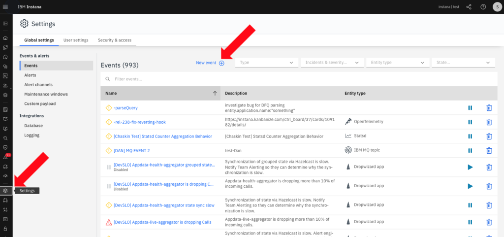 Screenshot of the IBM Instana Settings page displaying the Events list. The interface shows existing configured events with columns for name, description, entity type, and controls to edit or manage each event. The navigation menu on the left highlights the ‘Events’ section under Events & Alerts.