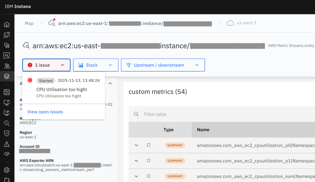 Screenshot of the IBM Instana Infrastructure view showing an Amazon EC2 instance entity with an active alert labeled ‘CPU utilization too high.’ The issue panel displays the alert’s start time and provides a link to view open issues. The right side shows the custom metrics table for the instance, including CloudWatch CPU utilization metrics streamed via AWS Metric Streams.