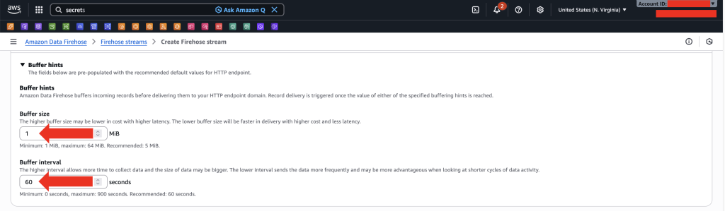 Screenshot showing Amazon data firehose buffer configuration