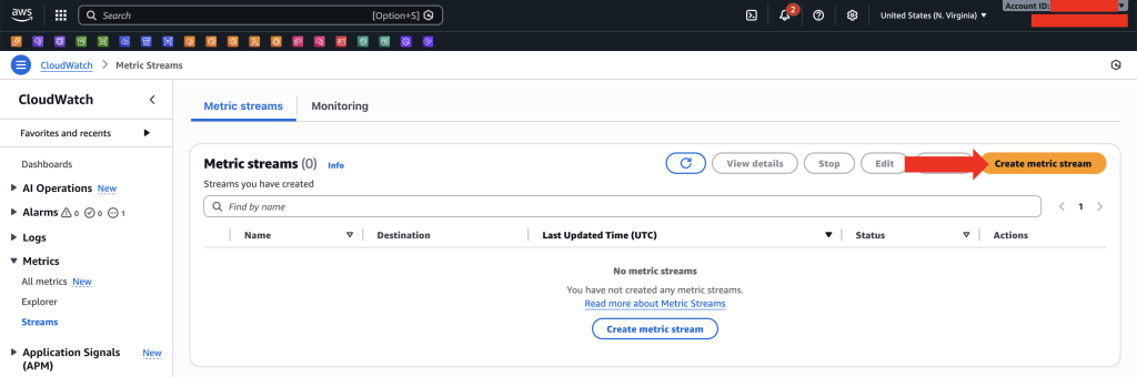 Screenshot of the Amazon CloudWatch console showing the Metric Streams page, where no streams are currently configured and a button labeled ‘Create metric stream’ is available to start creating a new stream.