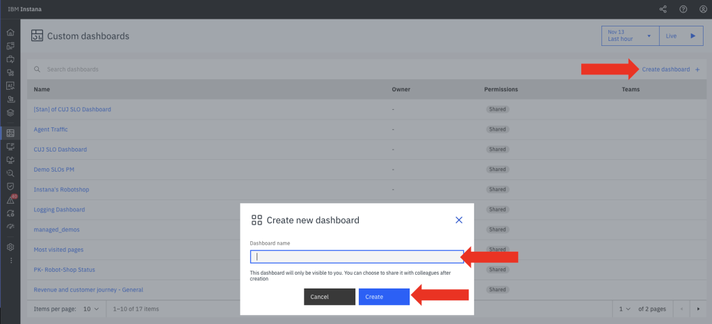 Screenshot of the IBM Instana interface showing the ‘Create new dashboard’ popup window. The user is prompted to enter a dashboard name, with options to Cancel or Create. The background displays a list of existing custom dashboards within the workspace.