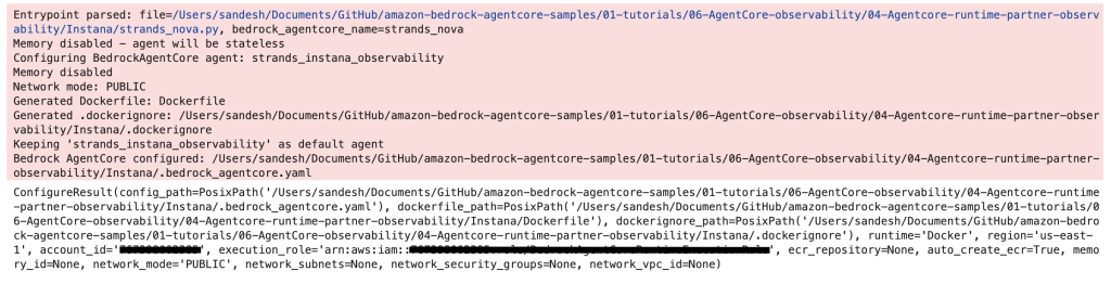 Screenshot shows the output of the Amazon Bedrock AgentCore agent configuration step previously executed.