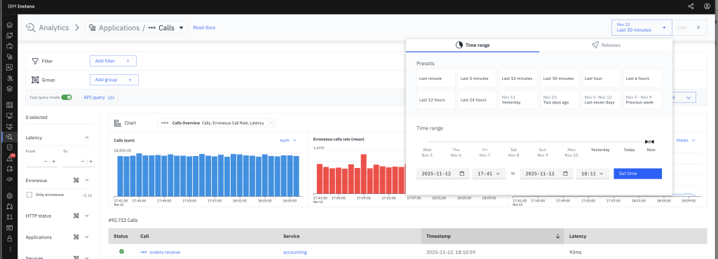 Instana Analytics view with the time range selector open, displaying preset intervals such as 5 minutes, 30 minutes, 1 hour, and custom range options to filter telemetry data.