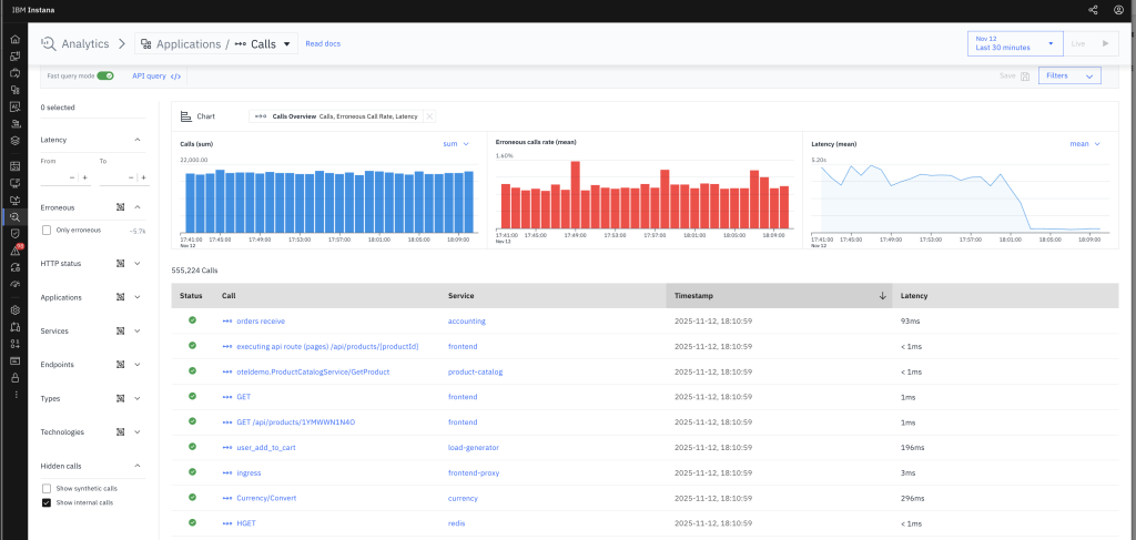 Instana dashboard showing filtered service call data with bar charts for total calls, errors, and latency, plus a detailed call list filtered by application.