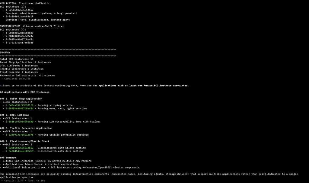 Kiro CLI displaying filtered list of Instana applications running on Amazon EC2 instances.