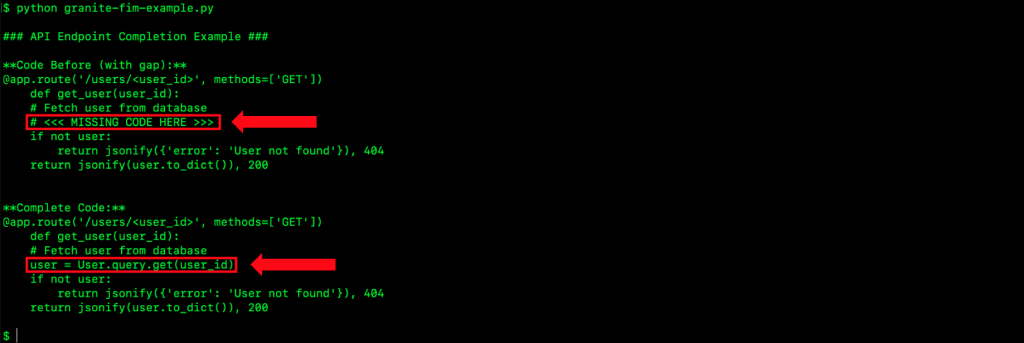 The image shows a Linux terminal with the output for the Python code example where Granite 4.0 generated a Fill-in-the-Middle code completion example with Flask API endpoint.