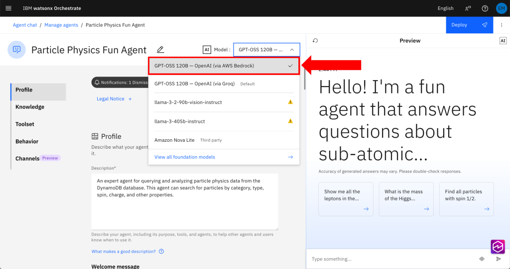  The IBM watsonx Orchestrate Agent Builder web interface showing GPT-OSS 120B selected as the model with Amazon Bedrock as the provider.