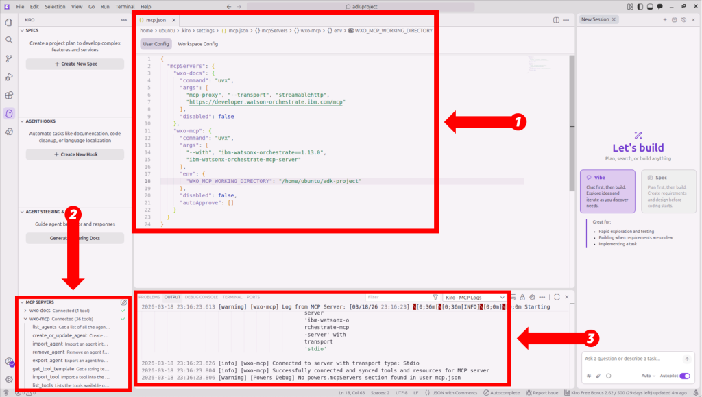 Kiro settings panel showing wxo-docs and wxo-mcp MCP servers with Connected status and output logs in the terminal.