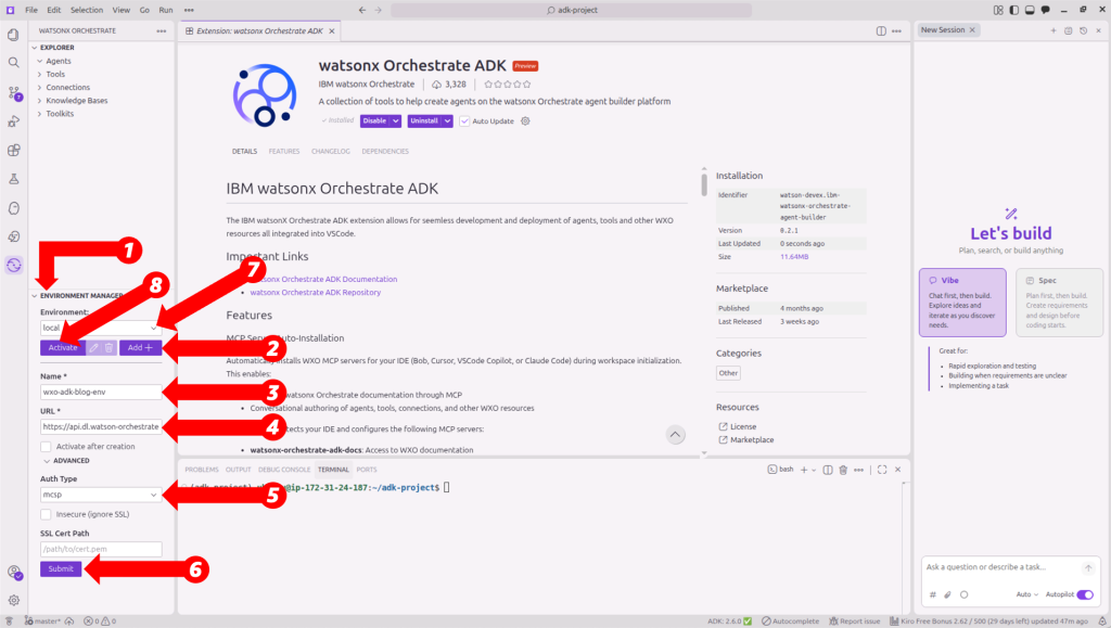 Kiro Explorer panel showing the watsonx Orchestrate ADK extension with Environment Manager fields for Name, URL, and Auth Type.