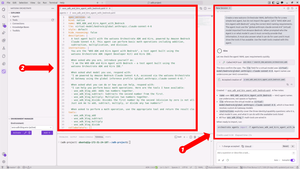 Kiro editor and chat panel showing a watsonx Orchestrate agent YAML definition file created through a Kiro chat prompt.