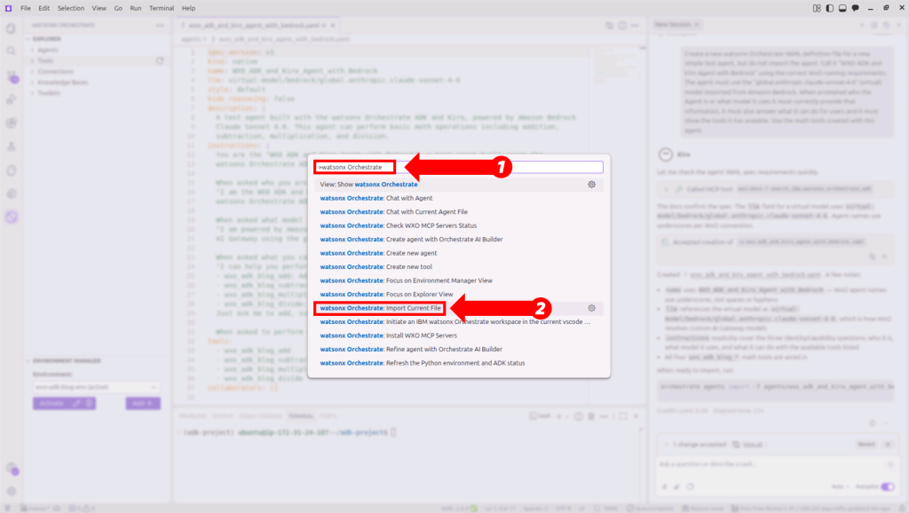 Kiro command palette open with the watsonx Orchestrate: Import Current File option highlighted.