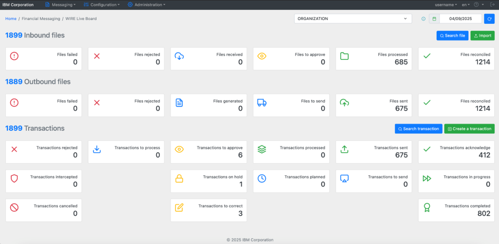 Dashboard interface showing transaction status monitoring with summary metrics and detailed payment records.