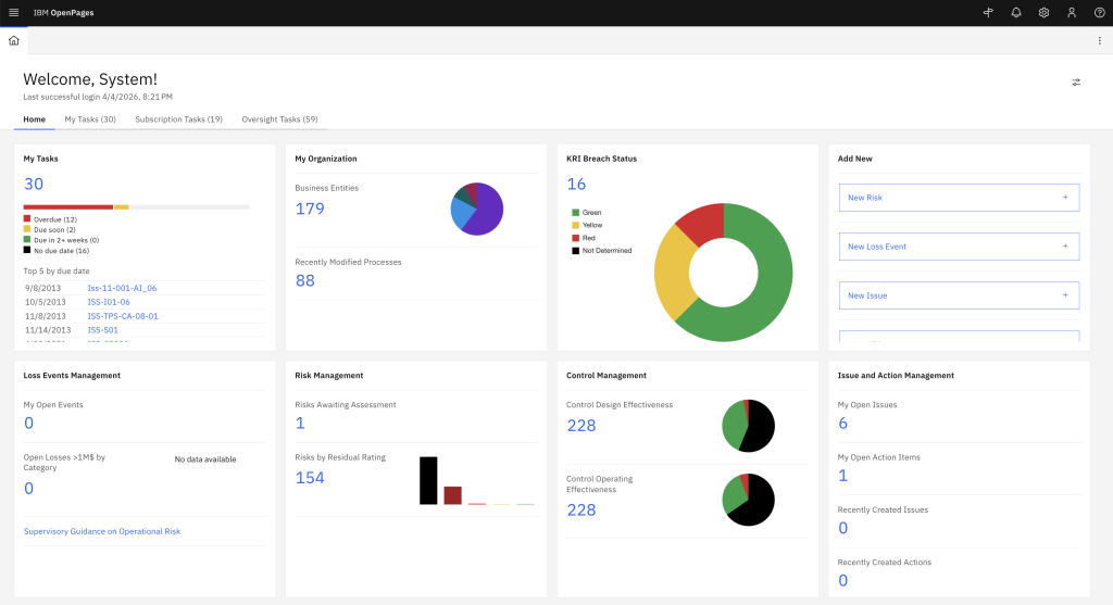IBM OpenPages dashboard showing personalized risk tasks, key indicators, and compliance report panels for a GRC team member.