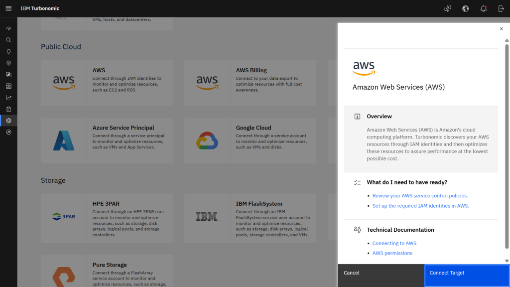 IBM Turbonomic Public Cloud target catalog with AWS selected and a side panel showing connection requirements.