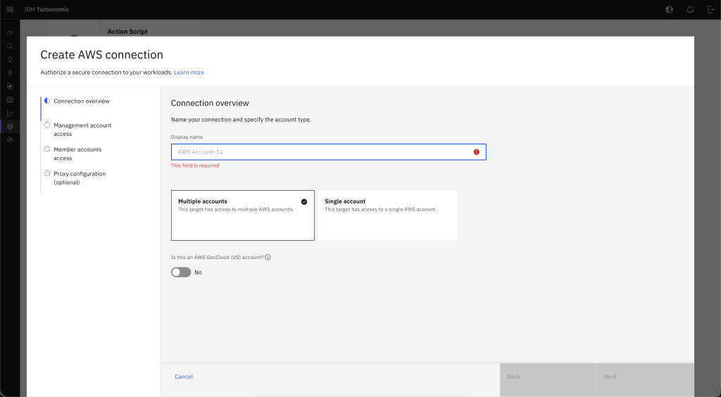 IBM Turbonomic connection setup screen with display name and account type fields for AWS target.
