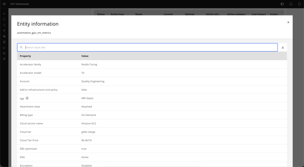 IBM Turbonomic entity details panel showing GPU accelerator type, instance size, and billing information.