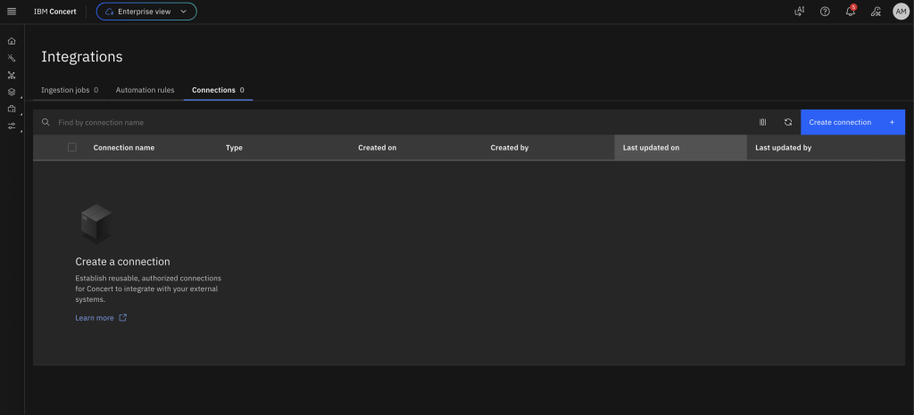 IBM Concert interface showing the Create IBM Instana Observability connection configuration screen. The page includes a left navigation with tabs for About and Parameters. The main panel displays the integrations where we choose the Connections tab and select Create connection.
