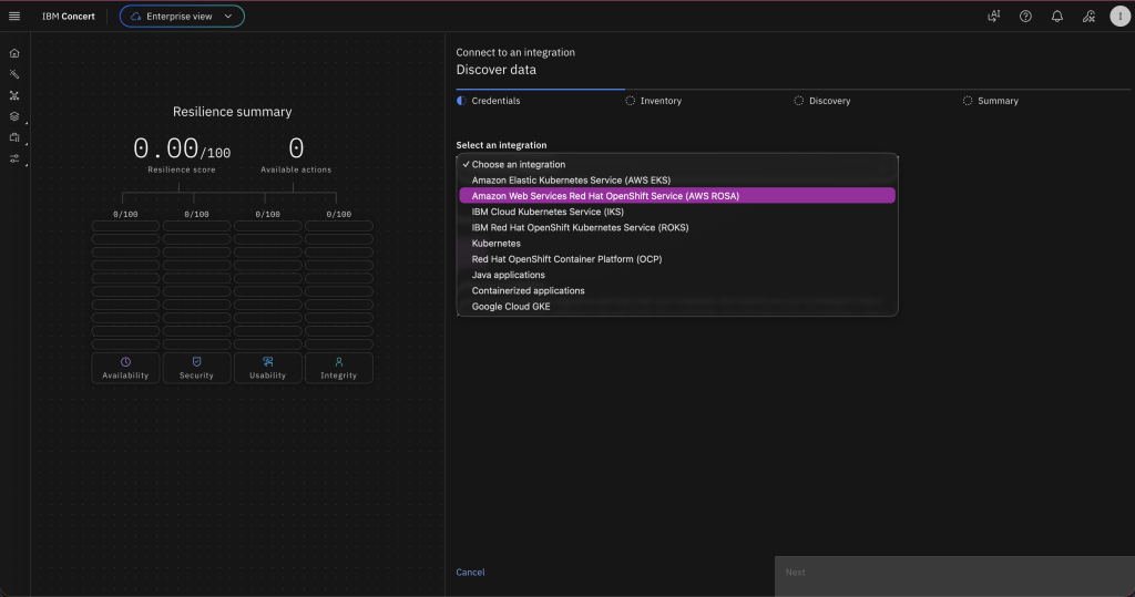 Dashboard screenshot showing how to choose Red Hat OpenShift Service on AWS in the integration section.