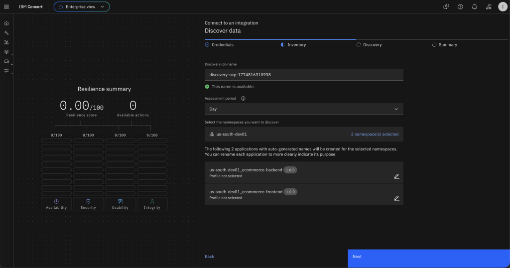 IBM Concert ‘Connect to an integrator’ screen on the Discover data flow, with the Inventory step selected. On the left, a resilience summary panel shows a resilience score of 0.00 out of 100, zero critical issues, and zero active actions, with empty category charts for availability, security, usability, and integrity. On the right, a discovery configuration panel displays a generated discovery ID marked as available, an auto-assign policy set to ‘Dev,’ and two namespaces selected. Below, a list shows two auto-generated application mappings with editable names. Navigation buttons labeled ‘Back’ and a highlighted ‘Next’ button appear at the bottom.