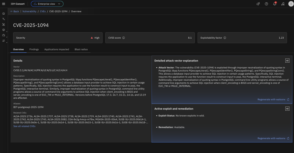 IBM Concert interface showing a detailed CVE view for CVE‑2025‑1094. A severity indicator marks the vulnerability as high, with summary fields for CVSS score and exploitability factor. Tabs across the page include Overview, Findings, Applications impacted, and Blast radius. The main section displays technical details describing a PostgreSQL vulnerability related to improper neutralization of SQL commands, followed by a list of affected versions and references. On the right, a panel titled ‘Detailed attack vector explanation’ includes a textual breakdown of the attack method. Below, an ‘Active exploit and remediation’ section states that no known exploit is in the wild and that remediation is available.